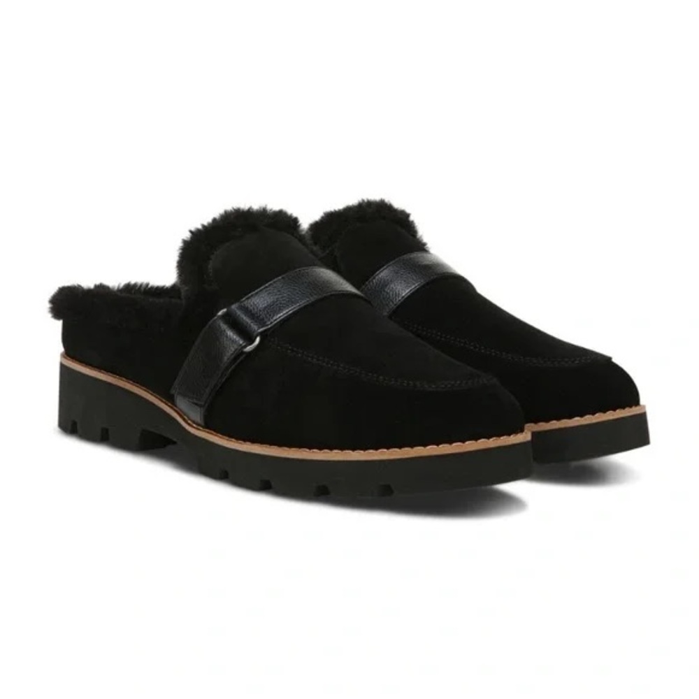 Vionic Kailen Black Suede Faux Fur Slip On Mules slides Women’s 9.5 orthotic